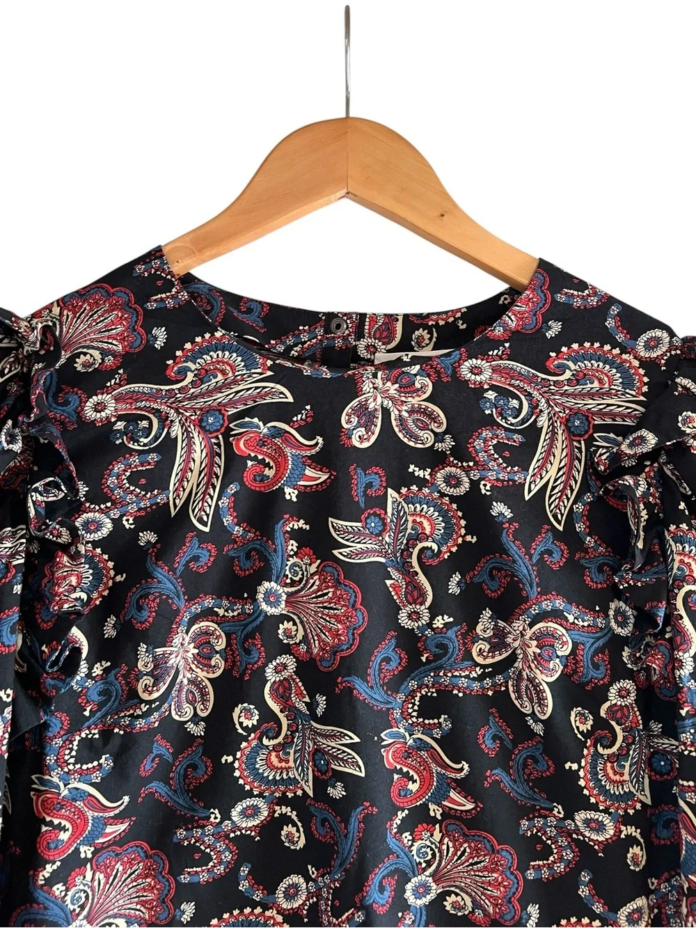 ba&sh Rym Black Paisley Puff-Sleeve ruffled blouse size L excellent condition - Picture 5 of 16